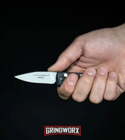 Boker Mini Kalashnikov Gray Automatic Knife - Black Serr -Boker Shop Boker Mini Kalashnikov Automatic Knife Black Bead Blast 01KALS73 BHQ 10758 kp in hand web large 3