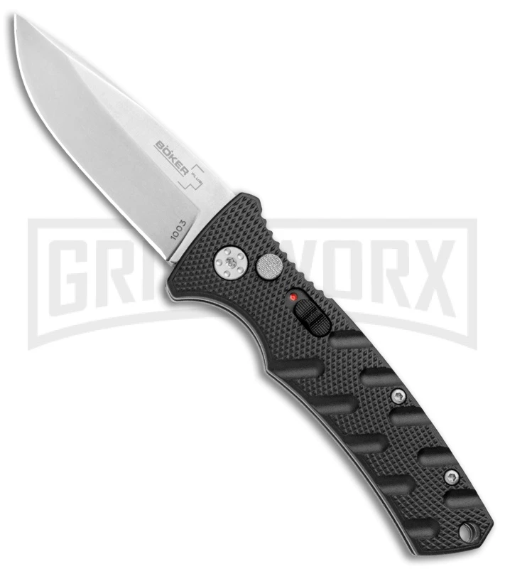 Boker Mini Strike Automatic Knife Black - Drop Point Stonewash Plain 3 Boker Mini Strike Automatic Knife Black - Drop Point Stonewash Plain