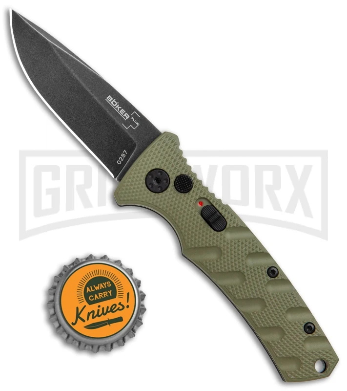Boker Mini Strike Automatic Knife OD Green - Drop Point Black SW Plain 6 Boker Mini Strike Automatic Knife OD Green - Drop Point Black SW Plain - Image 4