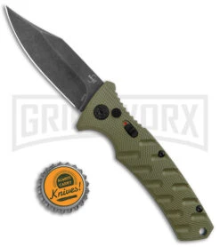 Boker Plus Strike OD Green Automatic Knife - Bowie Black Stonewash Plain -Boker Shop Boker Plus Strike Bowie Auto OD Green Black Wash BHQ 125301 jr bottlecap large