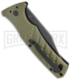 Boker Plus Strike OD Green Automatic Knife - Bowie Black Stonewash Plain -Boker Shop Boker Plus Strike Bowie Auto OD Green Black Wash BHQ 125301 jr side large