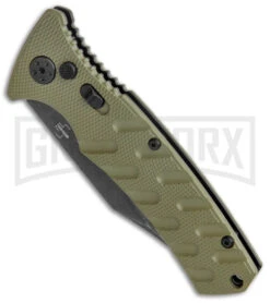 Boker Plus Strike OD Green Automatic Knife - Bowie Black Stonewash Plain -Boker Shop Boker Plus Strike Bowie Auto OD Green Black Wash BHQ 125301 jr spine large