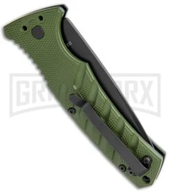Boker Plus Strike OD Green Automatic Knife - Drop Point Black Plain 8 Boker Plus Strike OD Green Automatic Knife - Drop Point Black Plain -Boker Shop Boker Plus Strike DP Auto OD Green Black BHQ 97033 jr side large
