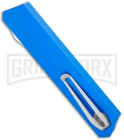 Boker USA Kwaiken OTF Automatic Knife Blue Aluminum (3.4" Satin) 06EX550 -Boker Shop Boker USA Kwaiken OTF Auto Blue Aluminum SW 06EX550 BHQ 115742 jr side large