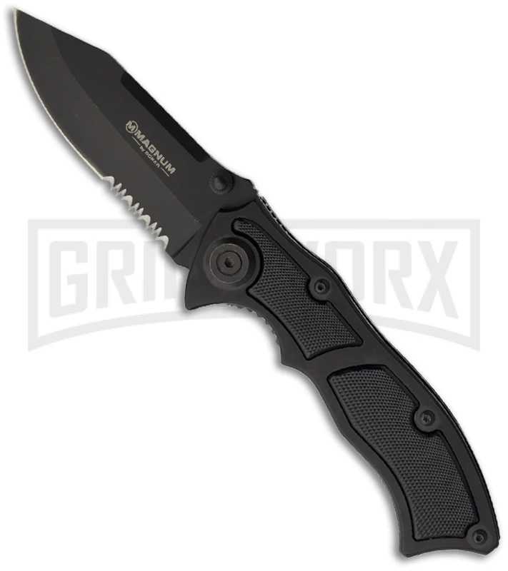 Boker Magnum Stout Folding Knife - Black Serr 3 Boker Magnum Stout Folding Knife - Black Serr