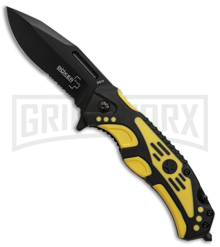 Boker Plus Savior 3 Yellow Liner Lock Knife - Black Serr 3 Boker Plus Savior 3 Yellow Liner Lock Knife - Black Serr
